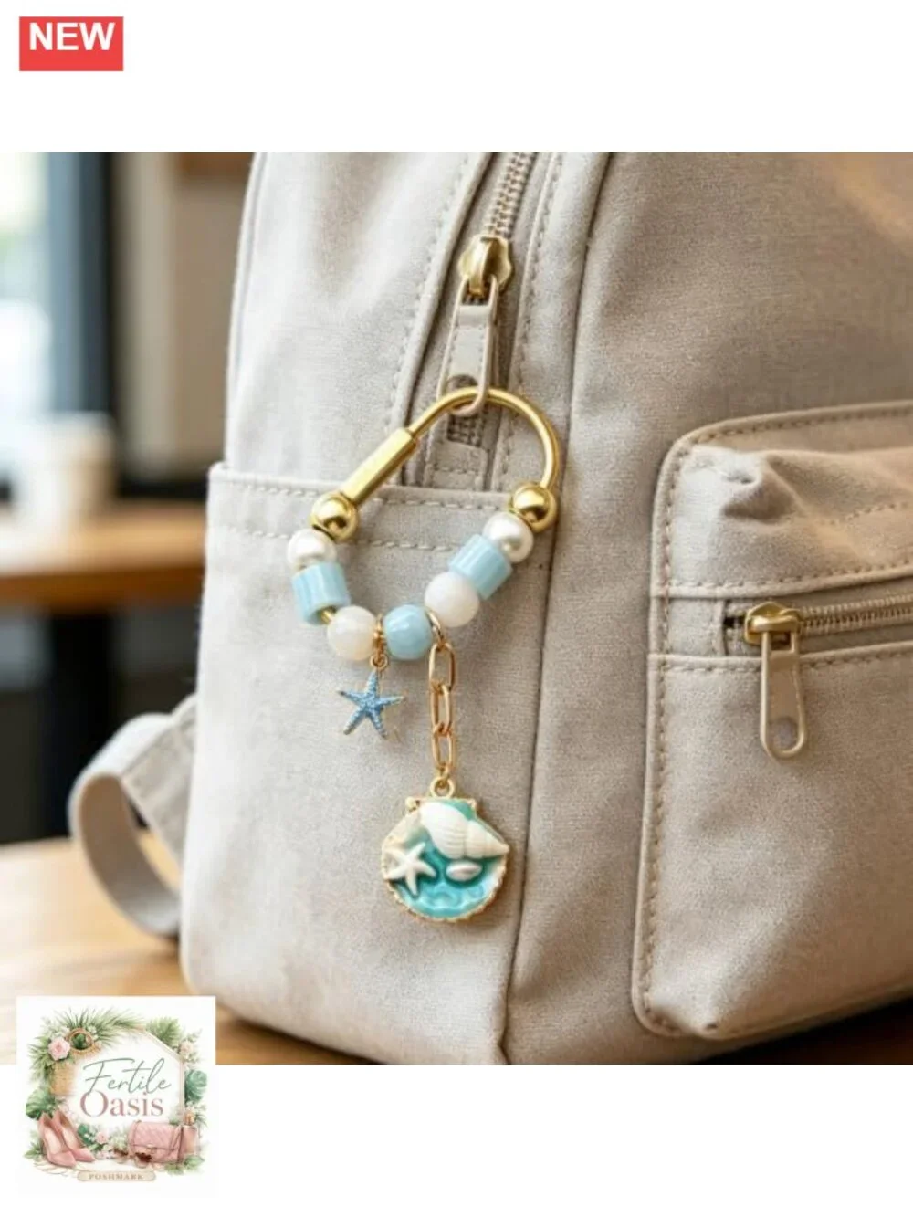 Gold Carabiner Keychain with Beads & Charms, Bag Charm for Handbags, Detachable